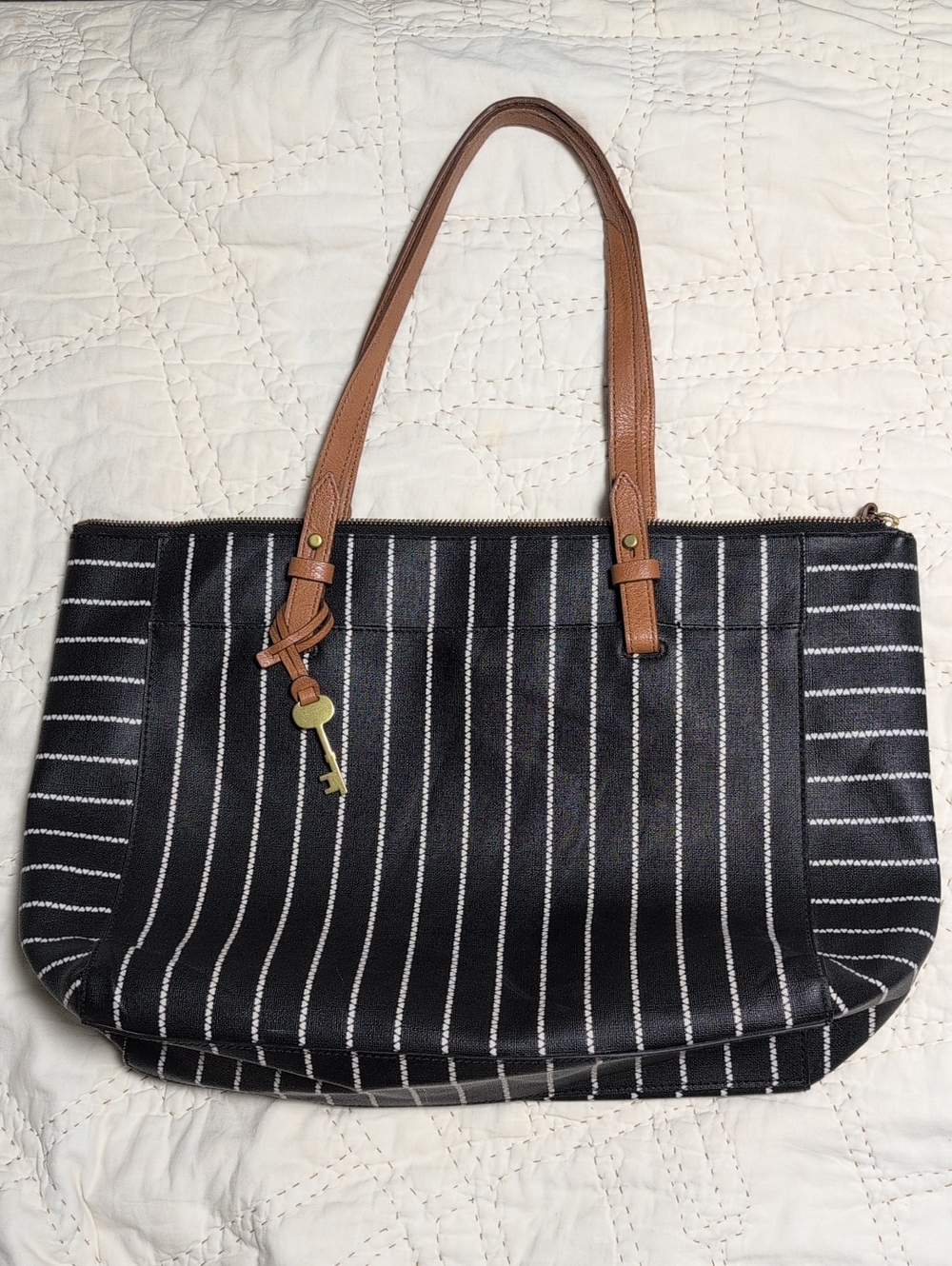 Fossil Rachel Tote ZB7446 Black White Heart Stripe